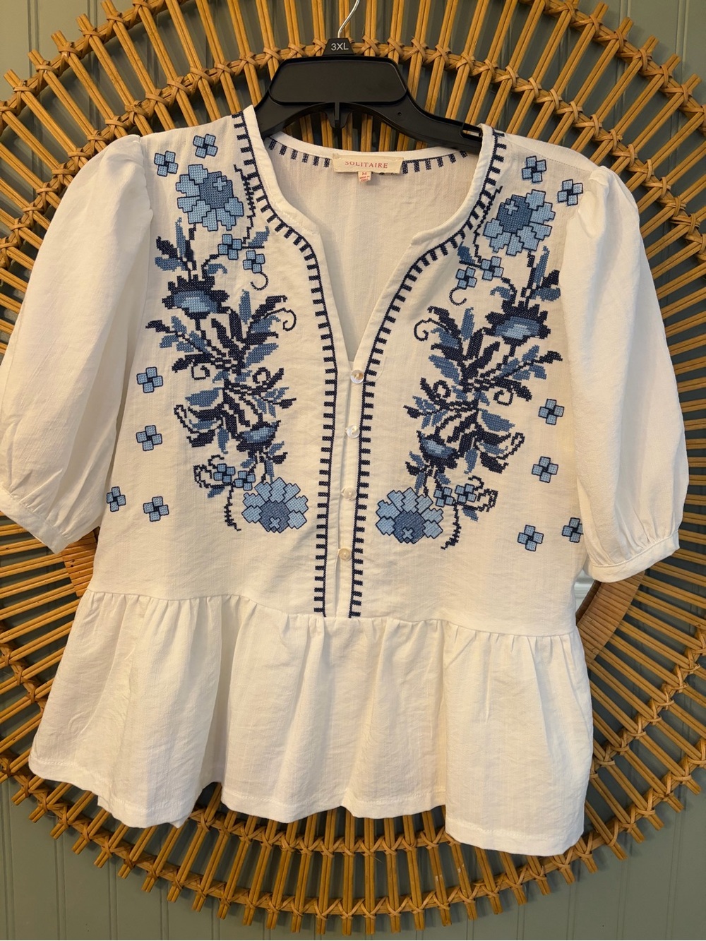 Solitaire White Embroidered Boho Peplum Puff Sleeve Blouse Top M